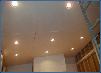 shot of studio ceiling with sheetrock roughed in.